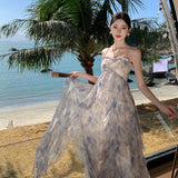 French Blue Broken Flower Hanging Neck Dress Women Summer Niche Design Small Man To Close The Waistless Sleeveless Skirt