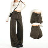Fake Two Spliced Wide-Legged Jeans Women's Spring And Autumn New Design Lazy Slack High-Rise Straight Slacks