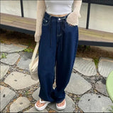 High-Waisted Rope Casual Broad-Legged Jeans Korean Version Of Water Wash Retro Clean Color Loose Straight Trousers Trousers 2 Colors