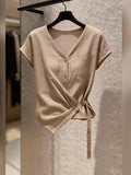 2026 Spring And Summer New Temperament Women's Commuting Style V Collar Short Sleeves To Close The Waist Shirt Is Thin And Design Blouse