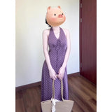 Hong Kong Style Retro Wave Point Hanging Neck Dress Female Summer French Holiday Style Temperament V. Waist Show Skinny Dress Purple