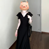 2025 Xia Hepburn Dark Night French High-End Velvet Texture Cold Temperament Small Man Showing High Artifact V Collar Long Skirt