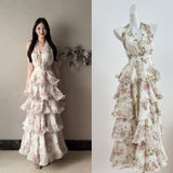 French Broken Flower Collar Hanging Neck Dress Women's Summer Small Temperament To Close The Waist Big Swing Leaves Side Long Skirt
