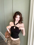 2902 # Summer New Pure Desire Wind Hollow Hanging Neck Vest Slimming Female Fixed With Chest Mat