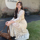 Bohemian Lyso Lace Hook Flower Super Fairy Apricot Long Dress Holiday High Waist Thin Horn Sleeve Dress