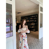 2025 Powder Flower Wall Splashing Ink-Coloured Flower Long Short Shredded Flower Lotus Leaf Hanging Dress Spring Summer Travel Skirt