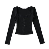 Pure Hot Girl Sexy Short Shirt Early Autumn Fake Two Lace Long-Sleeved T-Shirt Inside The Gray Bottom Shirt New