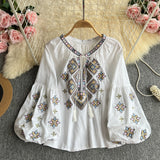 Bohemian Heavy Industry Embroidered Tuxedo Women's Spring Long Sleeves Loose Meat Cover Lantern Sleeve Holiday Blouse