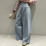 Korean Version Of Chic Thin High Waist Pressure Fold Design Loose Broad-Legged Jeans Solid Color Large Version Of Trousers 2 Colors