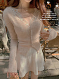 You/Ambience Fabric Fake Two Lace Splicing Knit Top Soft-Haired Sheep Wool V-Neck Knitted Shirt Girl