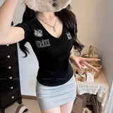5113# Summer New Shoulder Short Sleeve Hollow Mesh Embroidery T-Shirt Girl Body Integrated With Chest Cushion