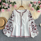 Vintage Lantern Long-Sleeved Round-Neck Embroidered Shirt Ethnic Wind Embroidery Escheasus Loose With Cotton Doll Shirt Top
