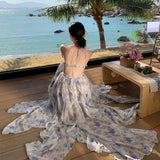 French Blue Broken Flower Hanging Neck Dress Women Summer Niche Design Small Man To Close The Waistless Sleeveless Skirt