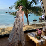 French Blue Broken Flower Hanging Neck Dress Women Summer Niche Design Small Man To Close The Waistless Sleeveless Skirt