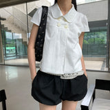 2026 Summer New Girl Feeling Four Button Doll Collar Casual Short-Sleeved Shirt Top 2 Colors