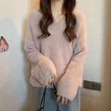 Winter New Women's Gentle Wind Temperament Knitted Sweater Soft Glutinous Wind V Collar Lazy Top Loose Water Marinade