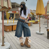 Vintage Water Wash Side Design Wide Legs Denim Seven-Crelei Trousers Casual Niche Design Straight Pants