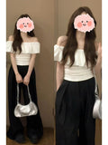 Solid Color Shoulder Shoulder Short-Sleeved T-Shirt Woman 2025 New Summer Design Sense Niche Ins Folding Slim Top