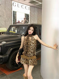 Sexy Leopard-Tried Back Hollow Strapped With Hanging Neck Dress Summer New Waistless Belt Flower Tard Skirt