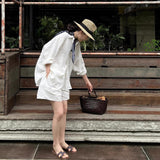 White Sunscreen Shirt With Tight Waist Shorts Summer Thin Old Money Style Wearing Linen Cotton Suit