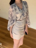 Soft Misty-Slender Lantern Sleeve Top French Temperament Ink Print V Collar Long Sleeve Short New Chinese Top