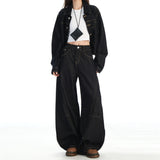 Autumn Dark Blue Car Line Split Scimits Jeans Women Retro Street High-Rise Thin Slacken