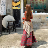 Xinjiang Sichuan West Tourism Wear Set Two Sets Of One-Word Shoulder Hanging Neck Long-Sleeved Shirt + Folding Retro Lattice Skirt
