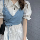 Korean Version Of The College Wind Denim Sling Vest Design Sense Niche Wearing Shirt Dress Two Sets Of Women's Summer