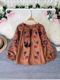 2025 New Bohemian Retro Embroidery Print Top Women Loose Casual French Chic Long-Sleeved Shirt