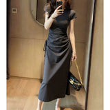 2026 New French Retro Gray Short-Sleeved Dress Women's Summer Design Feel Waist Folded Bag Hip Dress