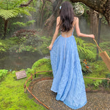 Super Fairy Design Sense Of Summer Waves Blue Pure Lust Wind Holiday Wind Bare Back To Show Thin Skirt Slings Long Skirts