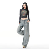 Vintage Scissors Jeans Female Star Print Pants Loose Straight Water Wash Old Broad Leg Pants