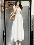 Blue Square Tie Dress Women's Summer 2025 New Splicing Skirt High-End Waist Display Thin Dress