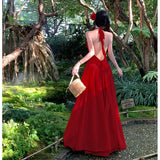 2025 Retro Red Elegant Hanging Neck Dress Back Sunset Dress Seaside Holiday Atmosphere Feel Long