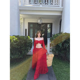 Beach Vacation Beautiful Tour Wearing A Female Red Shoulder Short Blouse High Waist Half-Body Skirt Suit Pure Desire