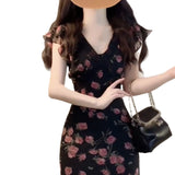 New French Black Elegant Beautiful Floral Dress In Summer 2025 Summer Design Temperament With A Long And Beautiful Floral Dress