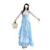 French Tea Break Blue Sling Skirt Women's Summer Tourism Beach Sweet Sunset Large Dress