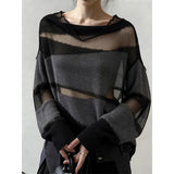 Korean Black Mesh Splicing Hollow Knitted Shirt Women Spring And Autumn Special Design Feeling Lazy Wind Loose Top