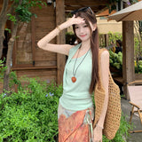 Dopamine Island Vacation Set Beautiful Hanging Neck Vest Suspension Half-Beauty Dress Two-Sleeve