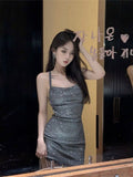 Pure Windy Shiny Hanging Neck Dress Women's New Summer Design Feel Back Strap Strapped Ass Short Skirt