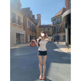 Imitation Of The Silk Fabric + Draw Rope Lace Practice A White Lace Lace Shoulder-To-Shoulder Shirt Women's Short Sleeves
