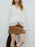 Romantic/French Silk Lotus Edge V-Neck Heavy Industry Lace Elegant Relaxation Long-Sleeved Shirt