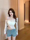 Spice Girls Pure Lust Wind Inclined Shoulder Long Sleeve Irregular Short Lace Spring Autumn New Body-Uppable Horn Sleeve Top