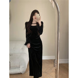 Early Autumn Black Gold Velvet Dress 2025 New Women's Spring And Autumn Feeling To Wear A Long Dress