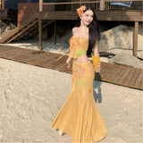 2026 Holiday Wind Beach Beach With Yellow Corset Bikini Two Long Dress Dresses