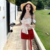 Vacation Red Dress Heat Neon Bow Small Broken Flower Age Reduction Set A Word Shoulder Girl Summer Short Skirt Two Sets