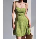 Fresh Girl Shoulder Tice Green Print Sling Dress Women Summer Waist Thin Dress Short Skirt