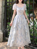 First Love French Style Collar Romantic Floral Spun Dress Women's Summer Large-Size Temperament To Close The Waist Thin Fairy Dress