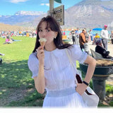 Korean Ins Summer Sweet Doll Collar Bubble Short-Sleeved Shirt + Wooden Ear Tight Waist Pocket Skirt Suit