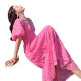 2025 Summer Dress New Gentle Style Retro Deep V-Neck Hollow Bubble Sleeve Short-Sleeved Dress Sweet Holiday Dress